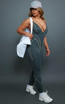 Shape Charcoal Branded Contrast Stitch Zip Detail Gym Jumpsuit