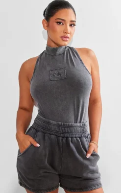 Shape Charcoal Cotton High Neck Sleeveless Bodysuit
