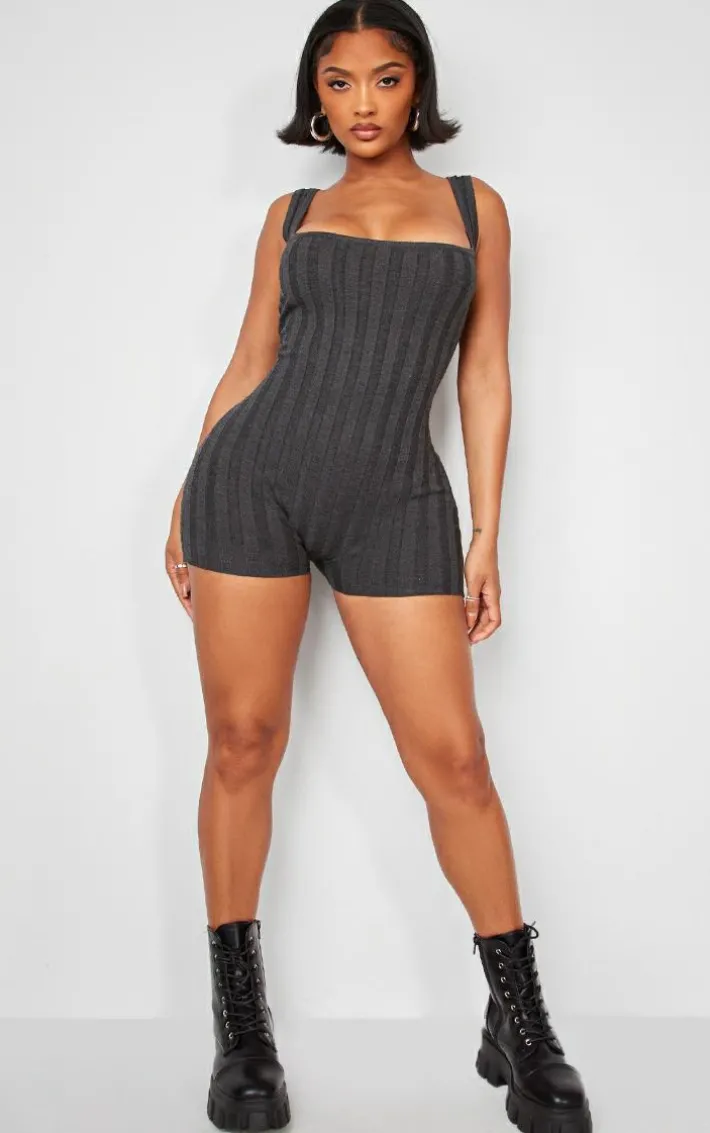 Shape Charcoal Knit Contrast Sleeveless Unitard