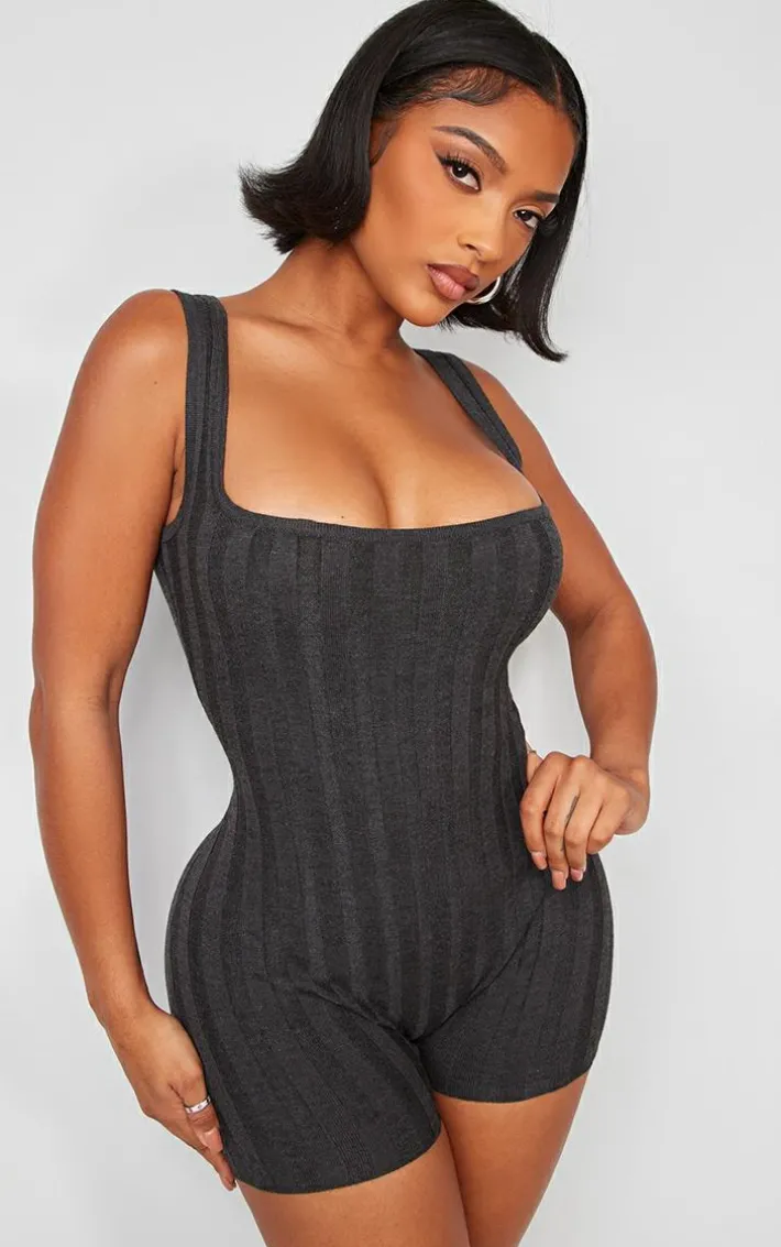 Shape Charcoal Knit Contrast Sleeveless Unitard