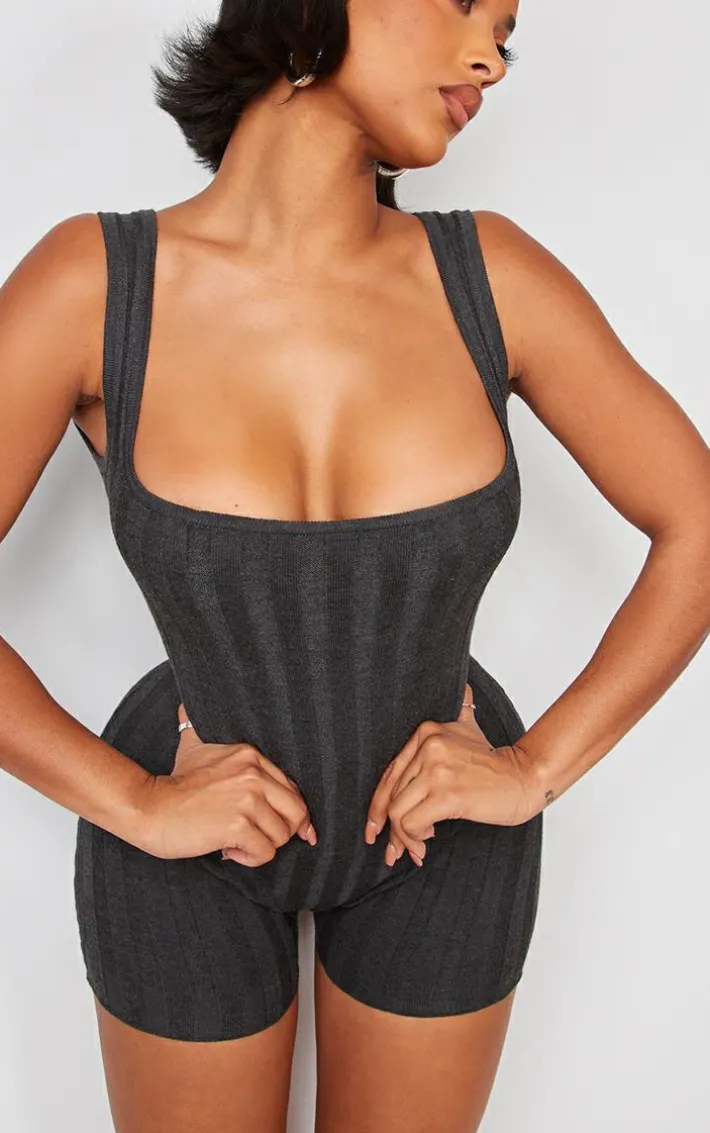 Shape Charcoal Knit Contrast Sleeveless Unitard