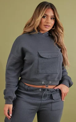 Shape Charcoal Toggle Pocket Detail Cropped Hoodie