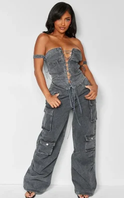 Shape Charcoal Wash Denim Lace Up Front Corset