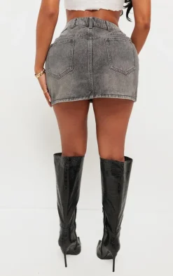 Shape Charcoal Washed Denim Embroidered Cross Mini Skirt