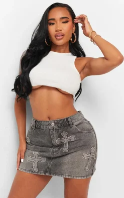Shape Charcoal Washed Denim Embroidered Cross Mini Skirt