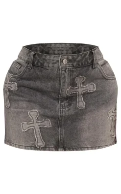 Shape Charcoal Washed Denim Embroidered Cross Mini Skirt