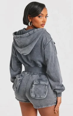 Shape Charcoal Washed Pocket Detail Cropped Hoodie