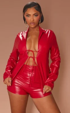 Shape Cherry Red Faux Leather Tie Front Long Sleeve Top