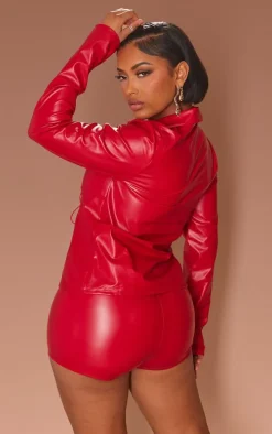 Shape Cherry Red Faux Leather Tie Front Long Sleeve Top