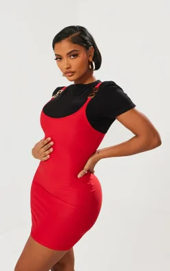 Shape Cherry Red Slinky T Shirt Chain Strap Bodycon Dress
