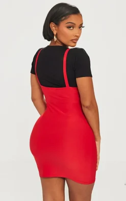 Shape Cherry Red Slinky T Shirt Chain Strap Bodycon Dress
