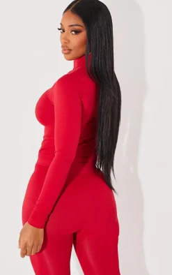 Shape Cherry Red Stretch Seamless High Neck Long Sleeve Top