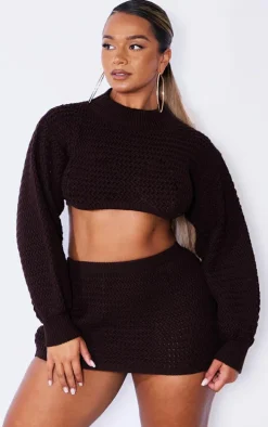Shape Chocolate Brown Knitted Long Sleeve High Neck Crop Top