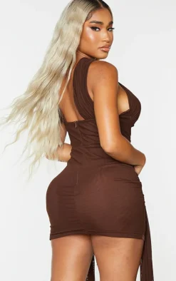 Shape Chocolate Brown Mesh Wrap Neck Tie Detail Bodycon Dress