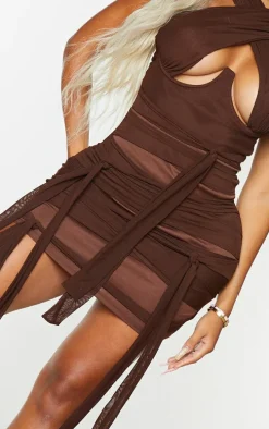 Shape Chocolate Brown Mesh Wrap Neck Tie Detail Bodycon Dress