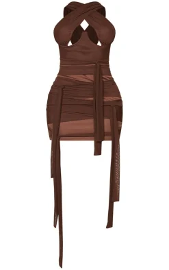 Shape Chocolate Brown Mesh Wrap Neck Tie Detail Bodycon Dress