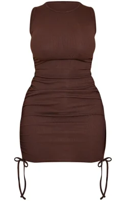 Shape Chocolate Brown Rib Ruched Side Sleeveless Bodycon Dress