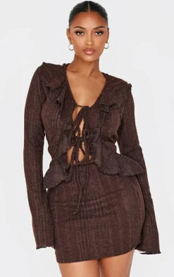 Shape Chocolate Brushed Rib Tie Front Frill Longline Top