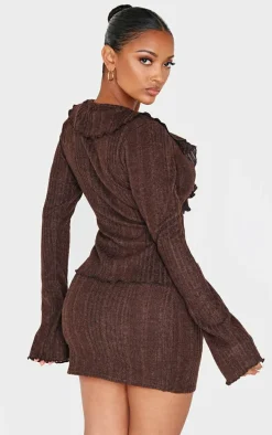 Shape Chocolate Brushed Rib Tie Front Frill Longline Top