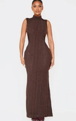 Shape Chocolate Brushed Rib High Neck Open Back Maxi Dress