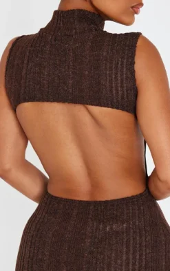 Shape Chocolate Brushed Rib High Neck Open Back Maxi Dress