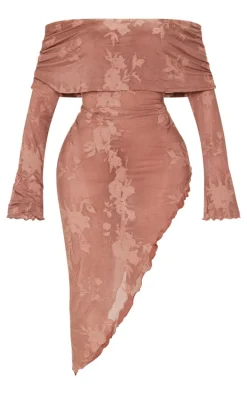 Shape Chocolate Floral Devore Fold Over Asymmetric Long Sleeve Midaxi Dress