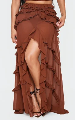 Shape Chocolate Low Rise Frill Detail Front Split Maxi Skirt