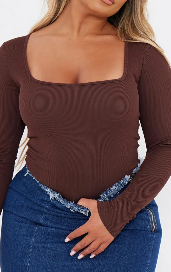 Shape Chocolate Rib Long Sleeve Square Neck Bodysuit