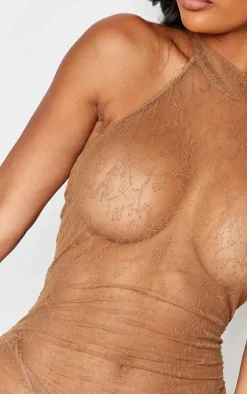 Shape Chocolate Sheer Halterneck Backless Jumpsuit