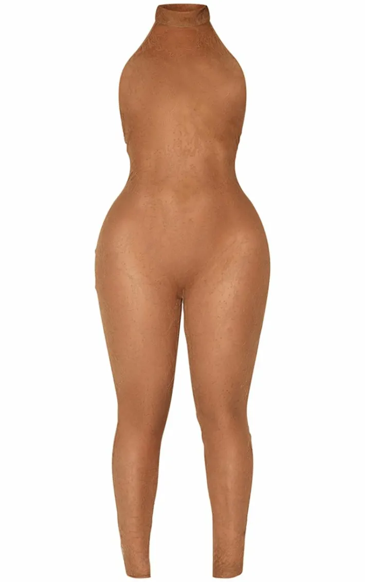 Shape Chocolate Sheer Halterneck Backless Jumpsuit
