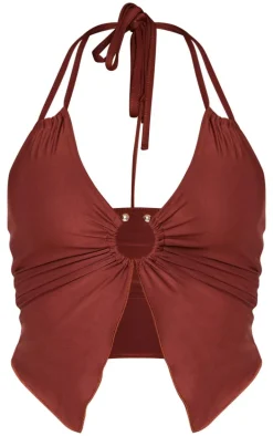 Shape Chocolate Slinky Halterneck Ring Detail Crop Top