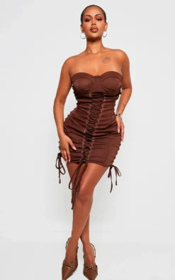 Shape Chocolate Woven Lace Up Corset Bandeau Bodycon Dress