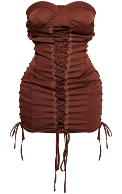 Shape Chocolate Woven Lace Up Corset Bandeau Bodycon Dress