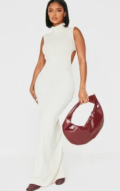 Shape Cream Brushed Rib High Neck Open Back Maxi Dress