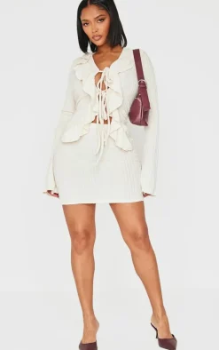 Shape Cream Brushed Rib Tie Front Frill Longline Top