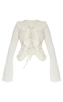 Shape Cream Brushed Rib Tie Front Frill Longline Top
