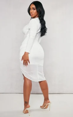 Shape Cream Corset Detail Long Sleeve Ruched Midi Dress
