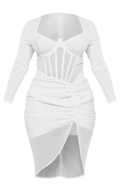 Shape Cream Corset Detail Long Sleeve Ruched Midi Dress