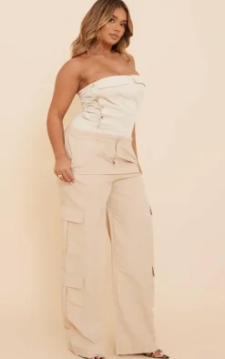 Shape Cream Denim Look Button Up Bandeau Crop Top