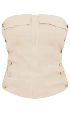 Shape Cream Denim Look Button Up Bandeau Crop Top