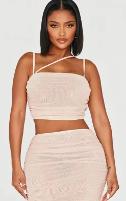 Shape Cream Mesh Strappy Ruched Crop Top