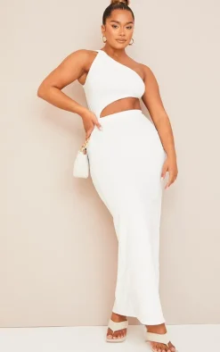 Shape Cream One Shoulder Ruched Cut Out Extreme Split Maxi Dress