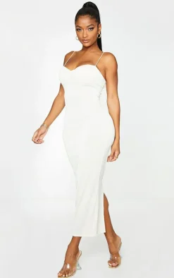 Shape Cream Plisse Strappy Cup Detail Midaxi Dress