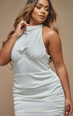 Shape Cream Satin Underbust Halteneck Ruched Bodycon Dress