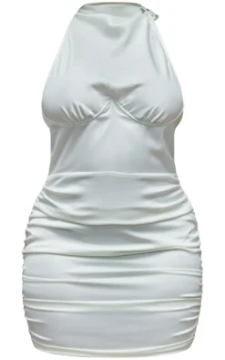 Shape Cream Satin Underbust Halteneck Ruched Bodycon Dress