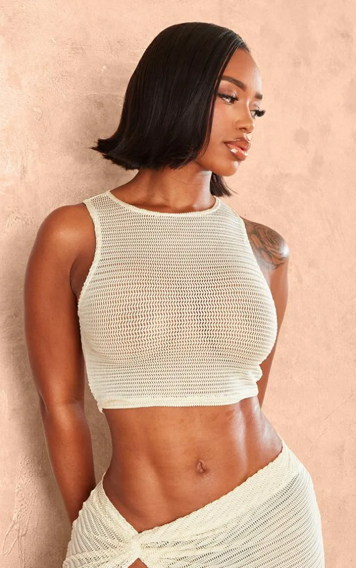 Shape Cream Textured Sheer Racer Crop Top