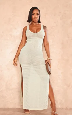 Shape Cream Textured Sheer Cut Out Sleeveless Maxi Dress