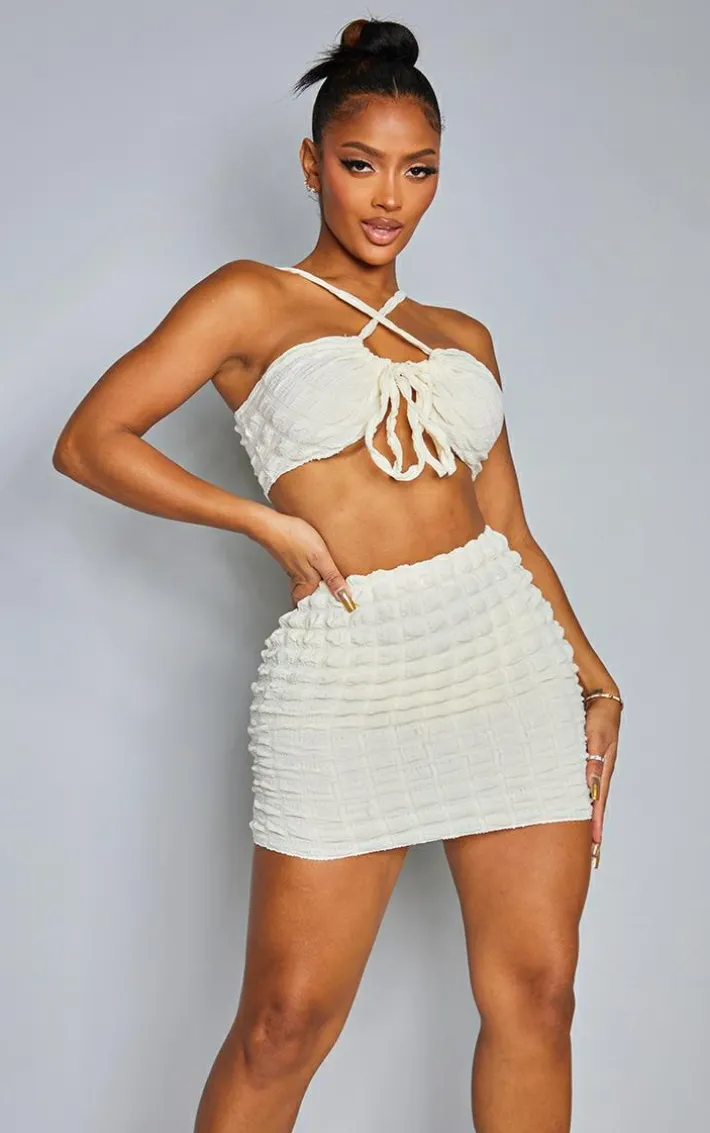 Shape Cream Textured Tie Front Ruched Bralet