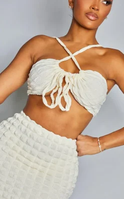 Shape Cream Textured Tie Front Ruched Bralet