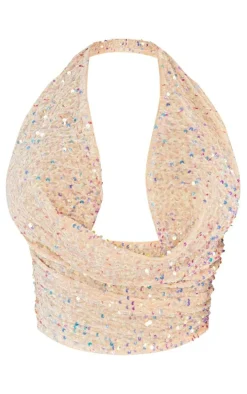 Shape Cream Velvet Sequin Halterneck Cowl Crop Top